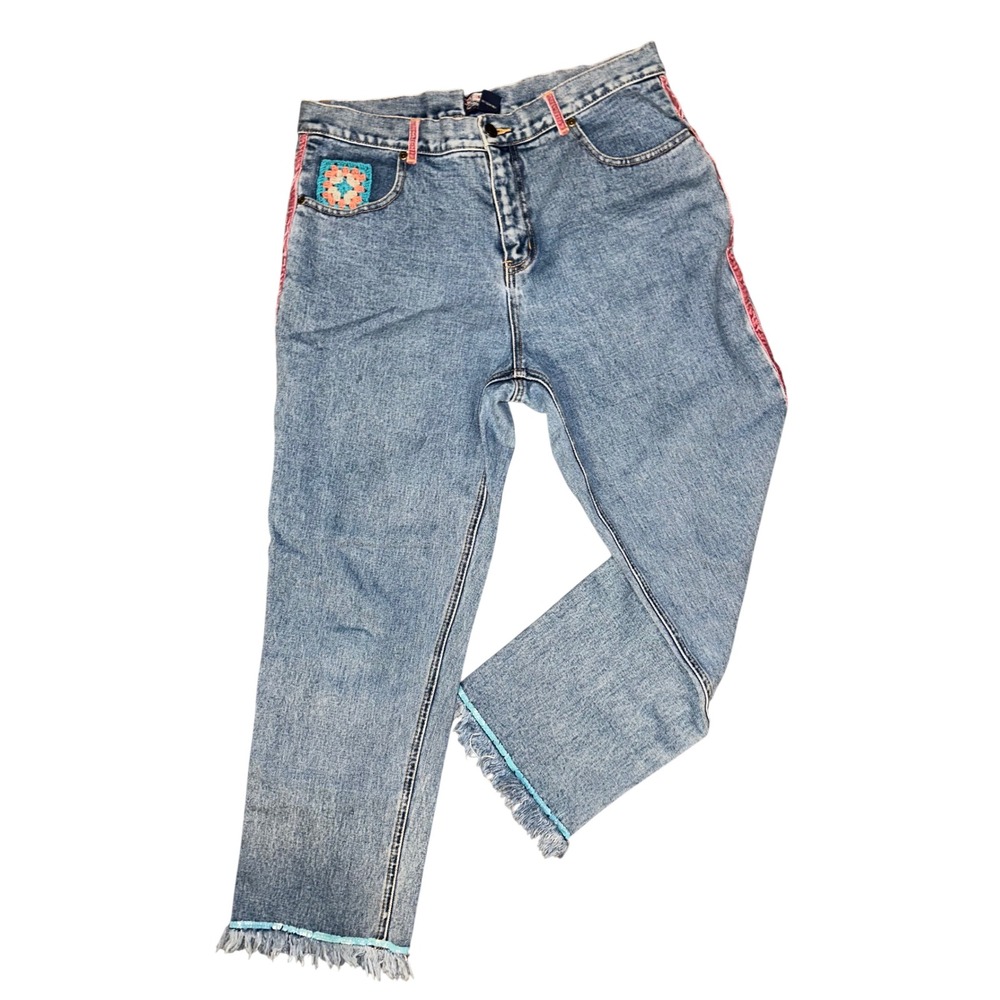 Vintage Old School Crochet Patch Jeans Pink Velvet Trim Fringe Hem Blue Size 12
